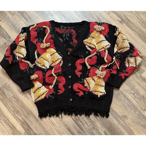 Vtg Traditional Trading Co Hand Knitted Sweater Bells Bows Size Medium Christmas - Picture 1 of 6